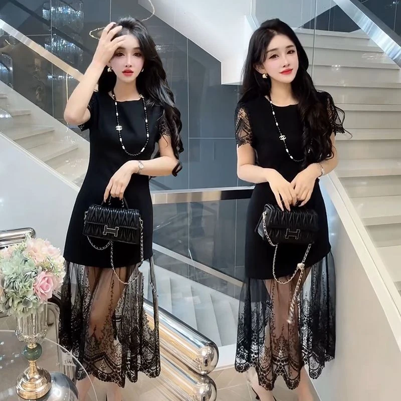 女人味时尚网纱短袖连衣裙2025夏新款纯色蕾丝花边网纱显瘦中长裙