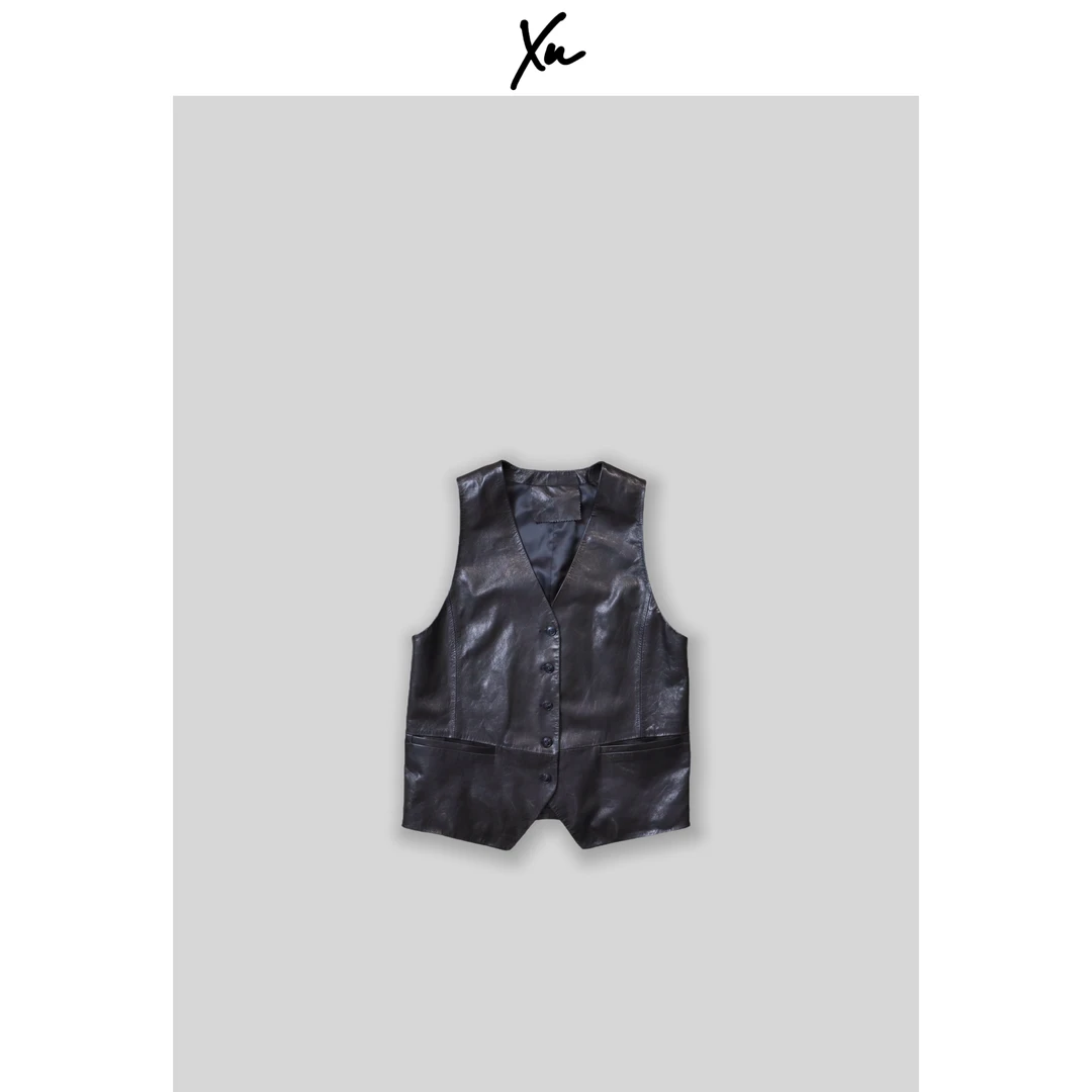 XU STUDIO 简约质感V领 长款真皮马甲