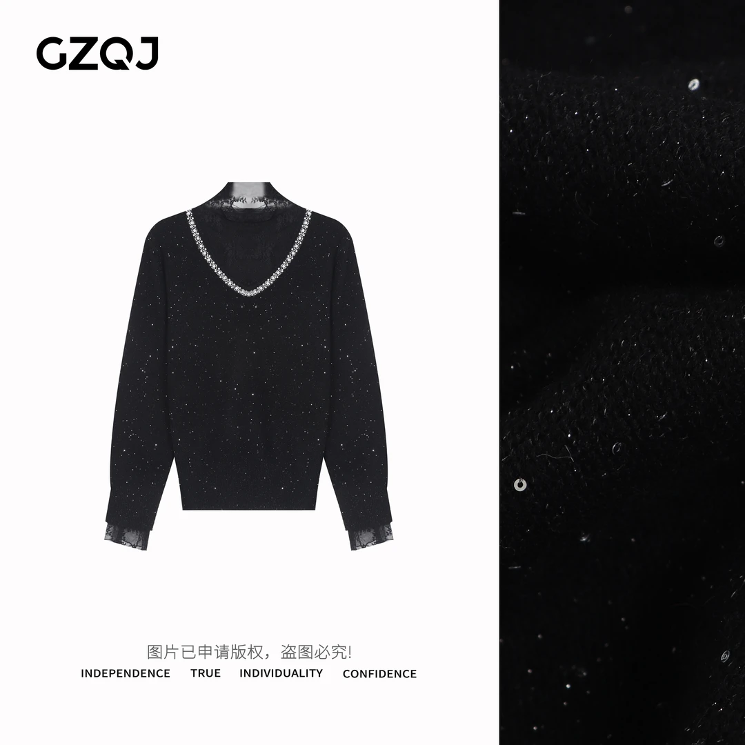 广州琴姐【歌剧魅影】蕾丝拼接V领套头闪闪毛衣长袖针织衫女冬09289