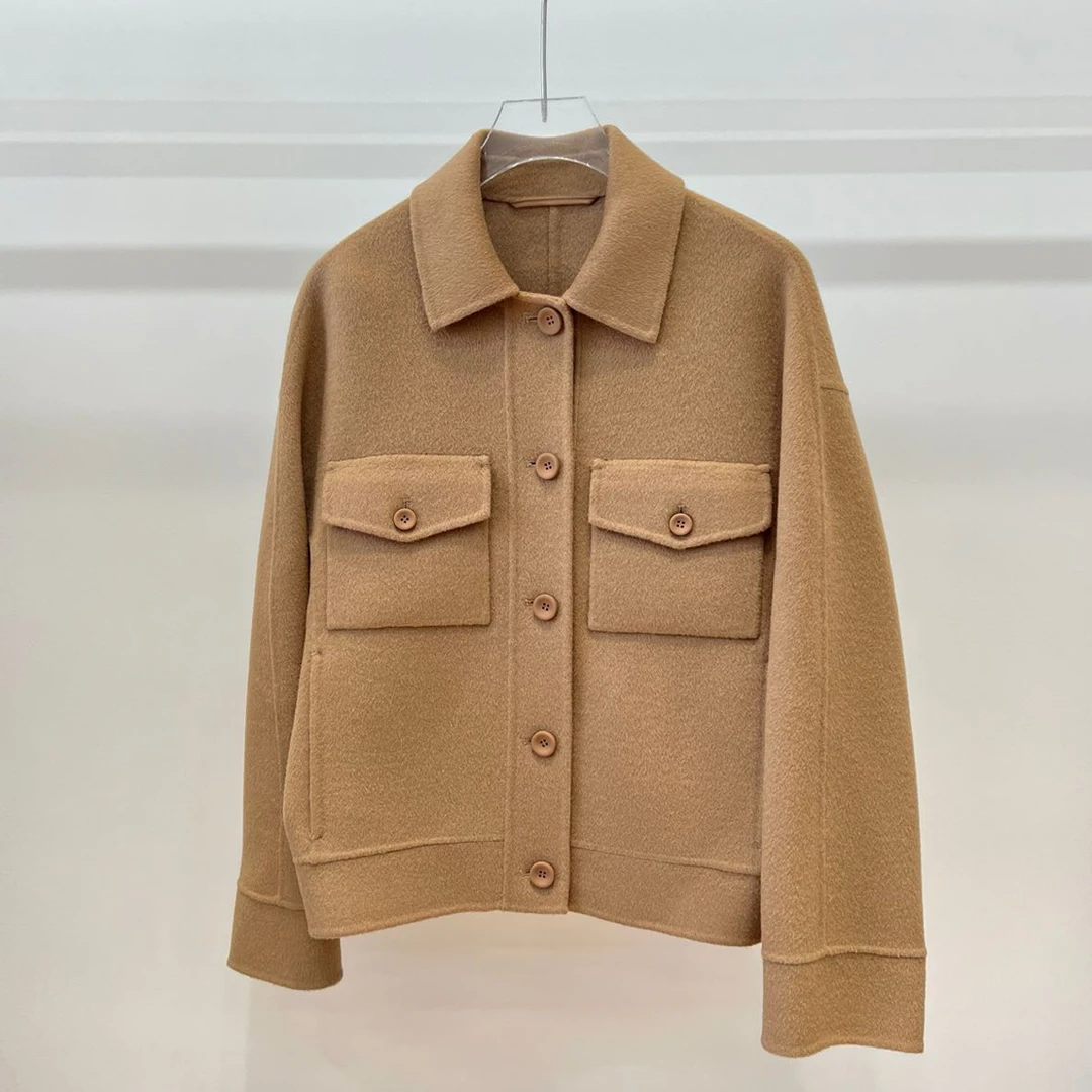 毛呢外套细格纹系扣毛呢短外套百搭休闲短款短外套大衣