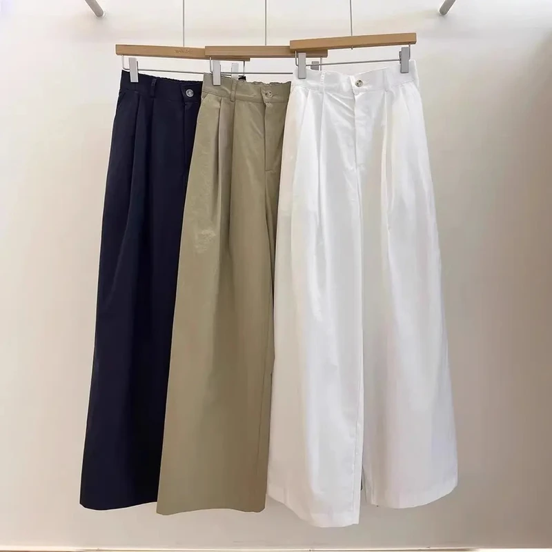 纯棉酵洗加柔日系白色高腰阔腿裤女夏季小个子百搭直筒宽松长裤