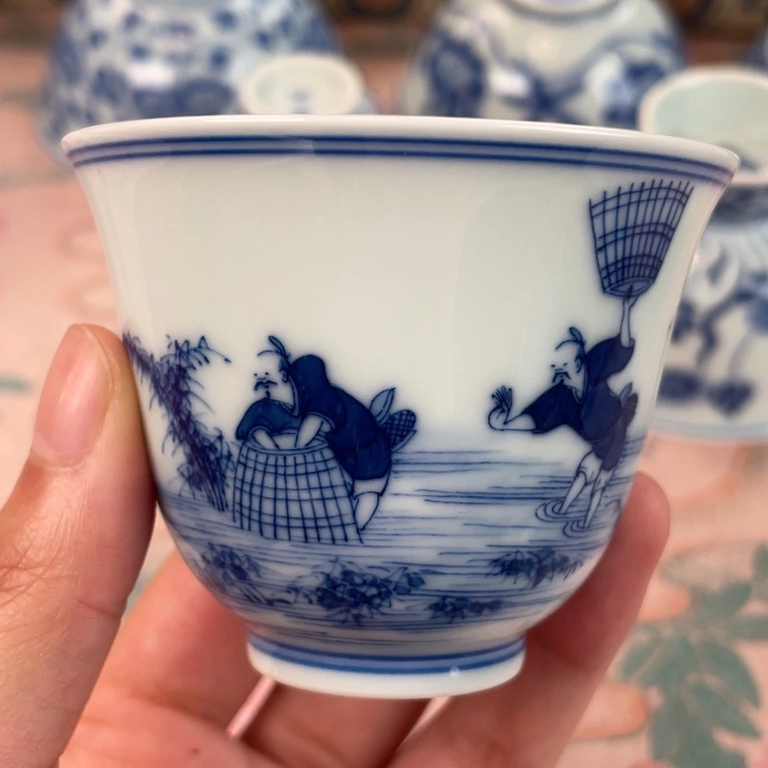摆件陶望玉青花捕鱼图铃铛杯