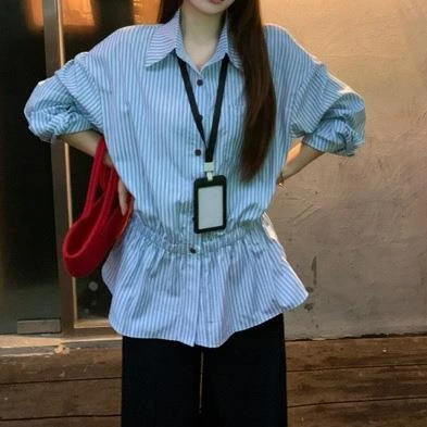 2025早秋条纹宽松版型收腰松紧腰衬衫女