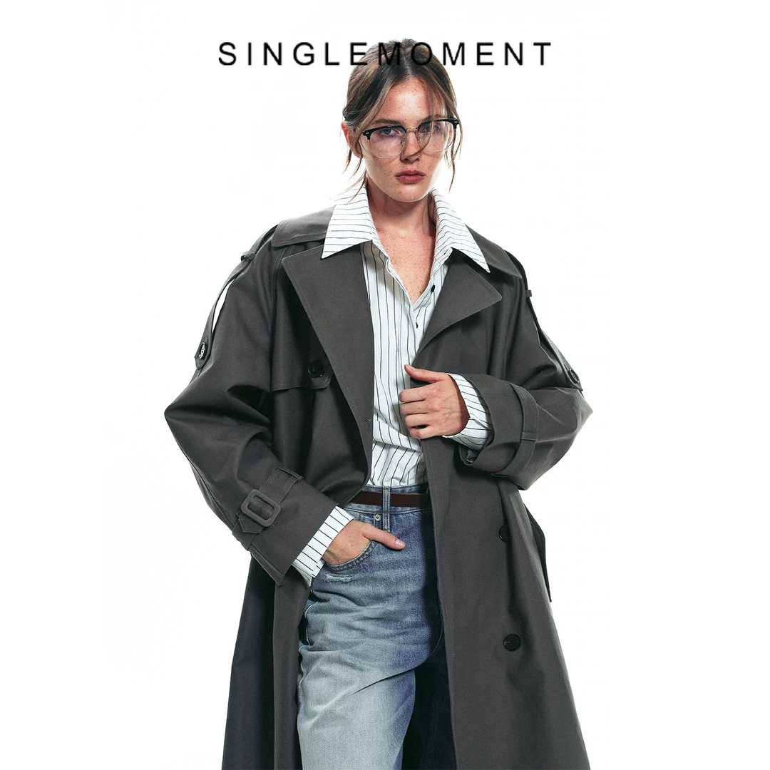 SINGLE MOMENT 25AW法式气质高级感双面缎纹大翻领长款风衣外套女