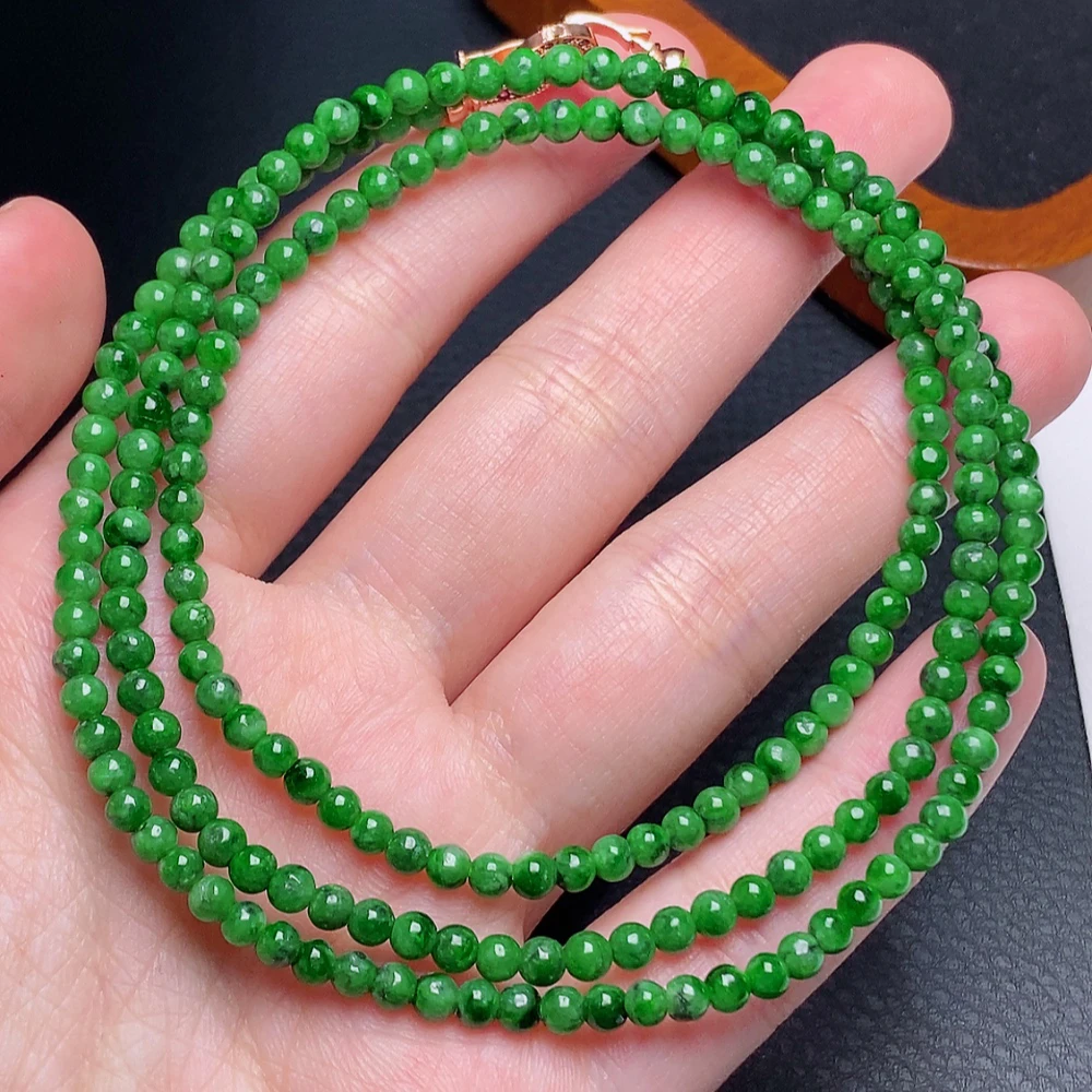 缅甸天然翡翠a货冰润辣绿小米珠项链卡3.5mm绿色链珠万能链