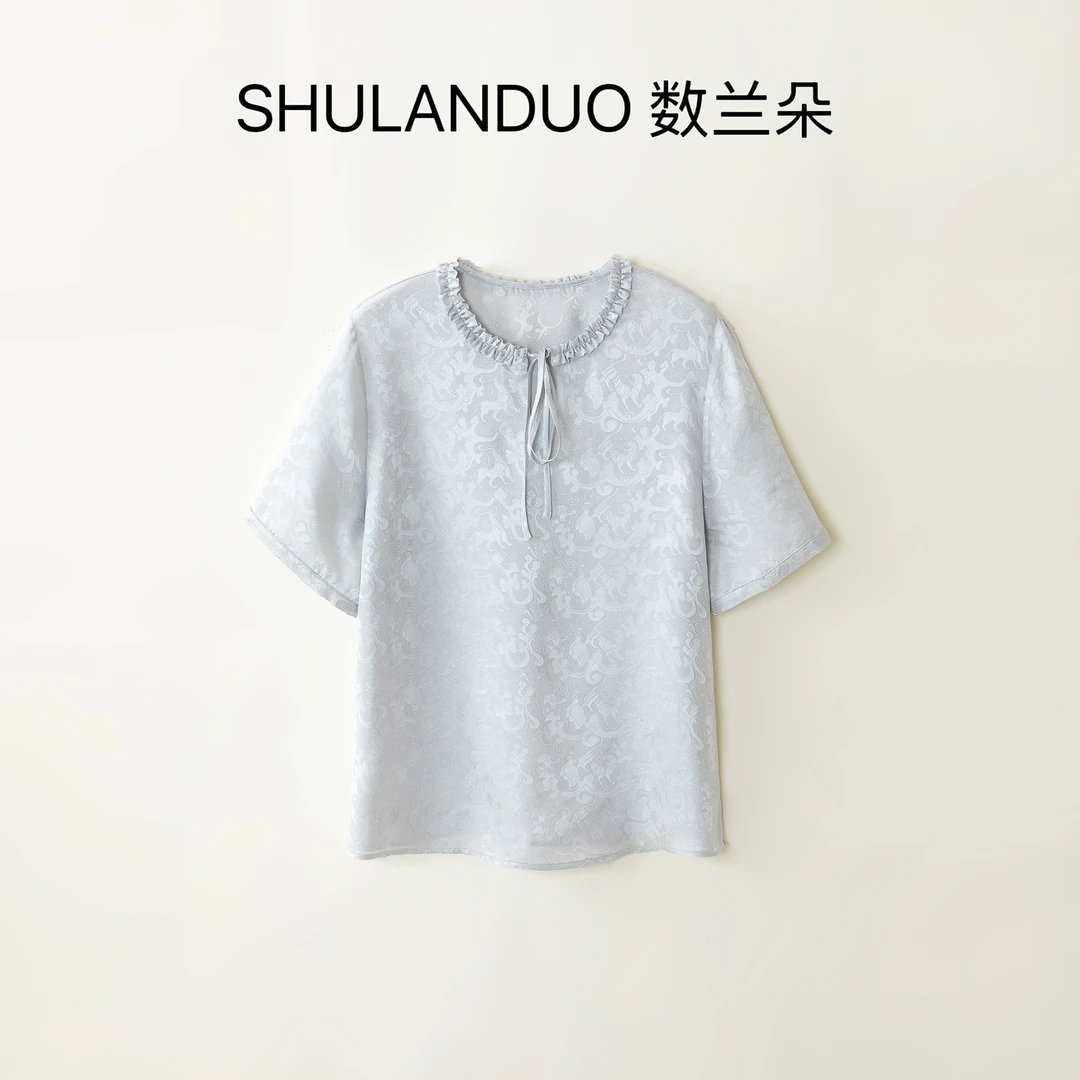 【100%桑蚕丝】数兰朵高品质花萝系带花边领短袖 萝孔提花真丝上衣