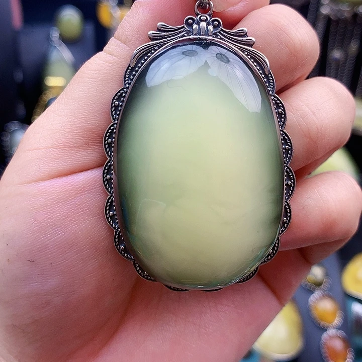 琥珀裸石银S925镶嵌坠