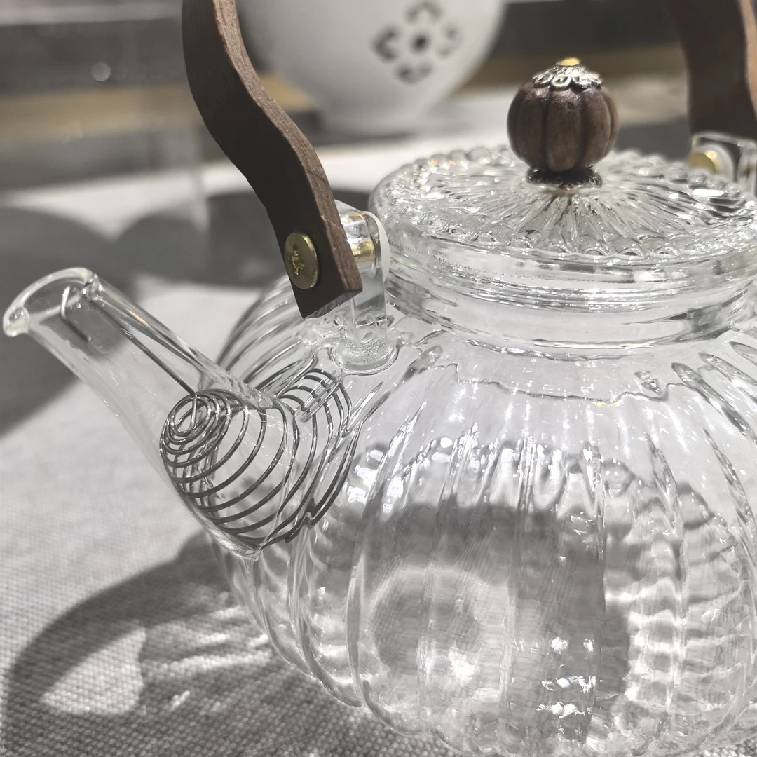 胡桃木柄高硅鹏耐高温条纹玻璃茶壶耐热