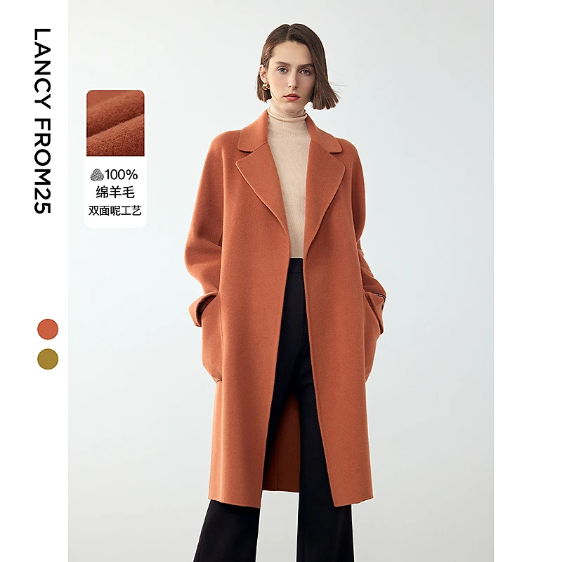 朗姿纯羊毛中长款双面呢大衣女2024年冬季新款气质高级感毛呢外套