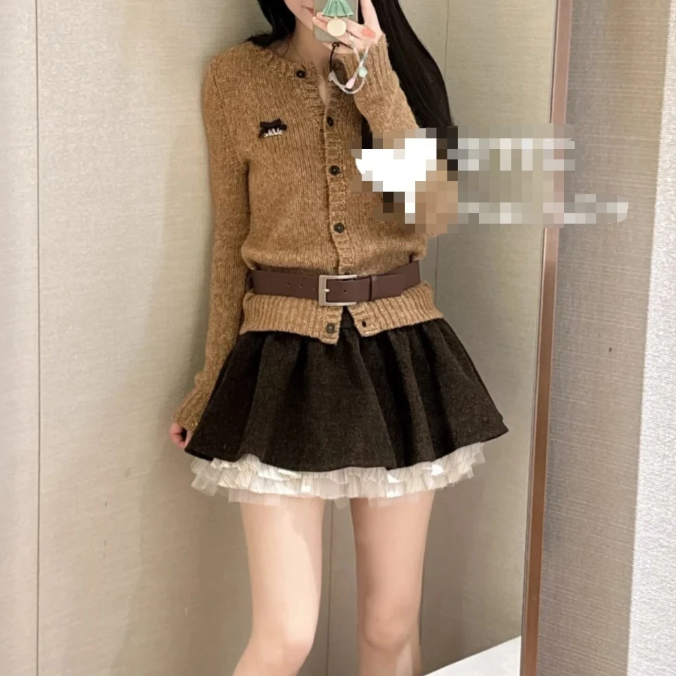 SZSALI 冬季新款毛衫高腰百褶花边蓬蓬短裙网纱拼接显瘦套装