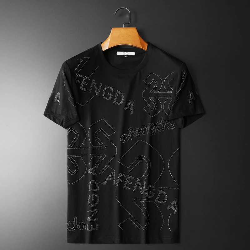 MLCRIYG男士夏季男装锦鲤印绣凉感T恤烫钻圆领短袖上衣透气印花