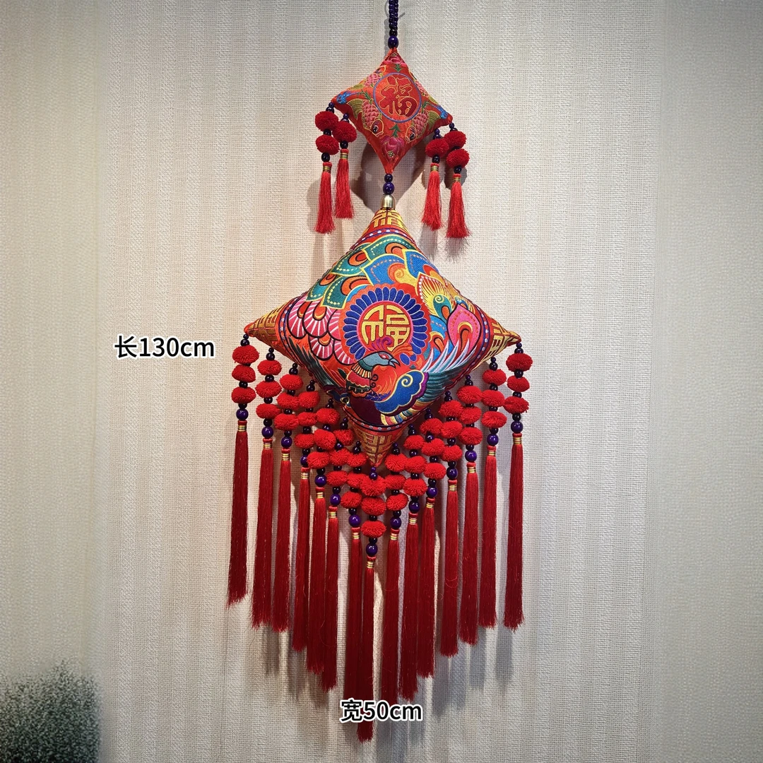 红蓝凤凰富贵吉祥新年居家壁挂客厅刺绣布艺挂件