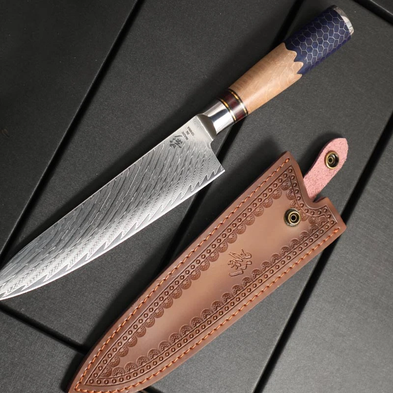 《影福利》树脂柳木羽毛纹主厨牛刀带真皮刀鞘