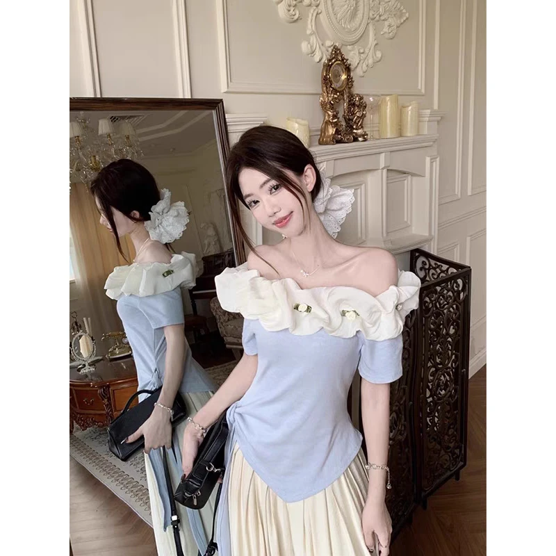 立体花朵一字肩短袖T恤女夏季设计感小众绑带修身