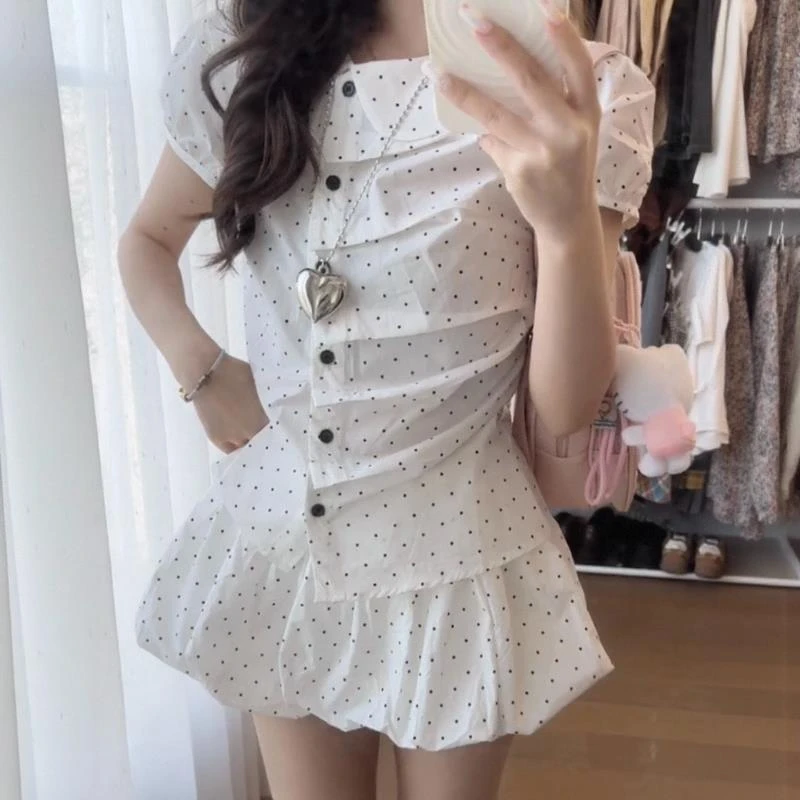 韩系甜美套装女夏季新款压褶波点短袖衬衫娃娃领显瘦花苞裙两件套
