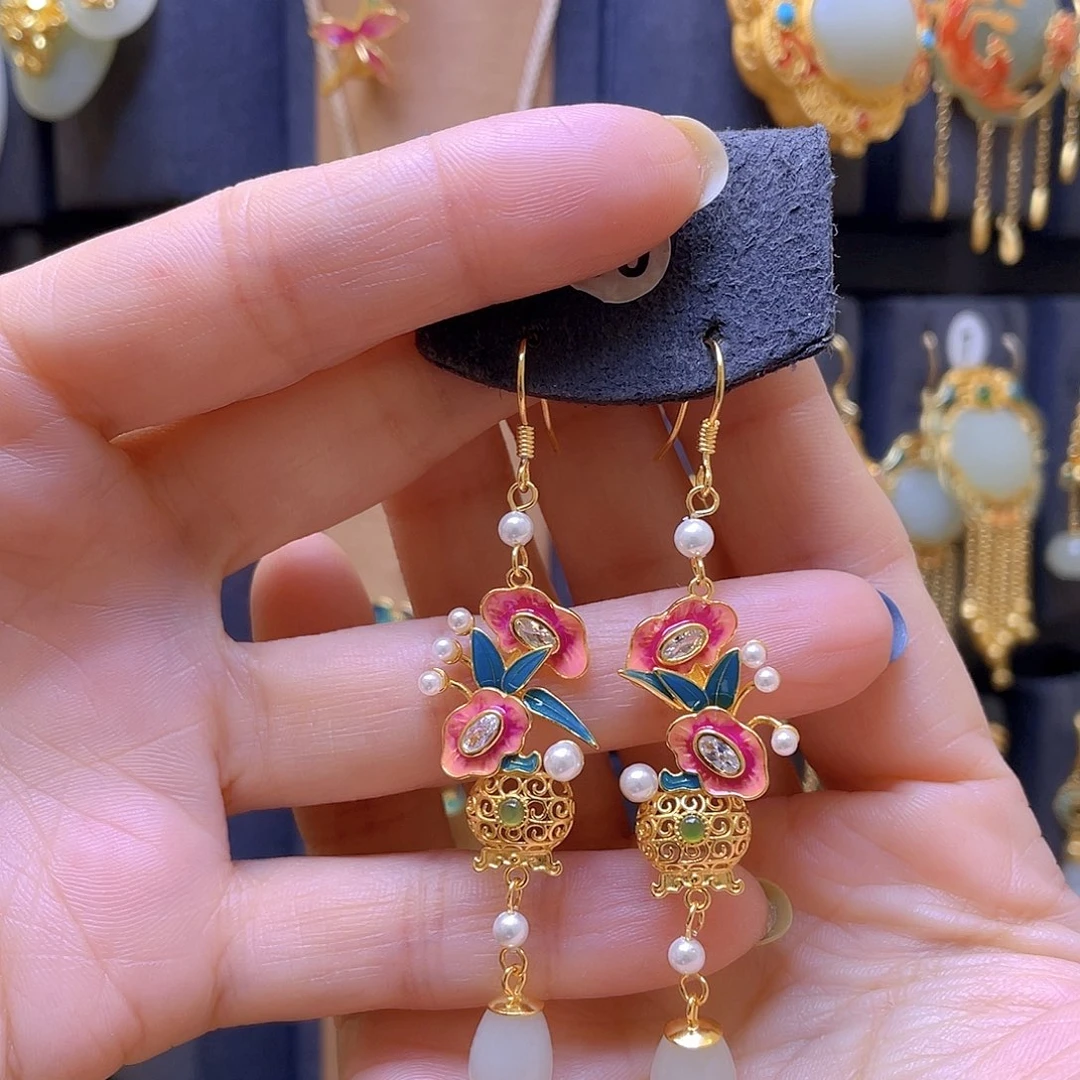 和田玉银S925镀金镶嵌耳饰