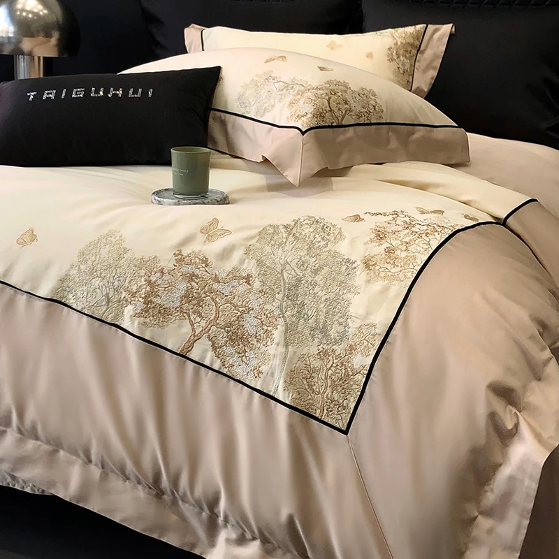 法国高定轻奢风工艺拼接刺绣120支长绒棉金咝绣线四件套床上用品