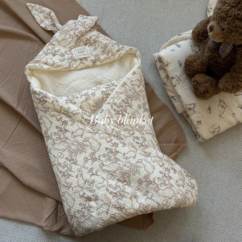 双面皱皱纱婴儿抱被里外层纱布棉秋冬加厚新生儿产房包被