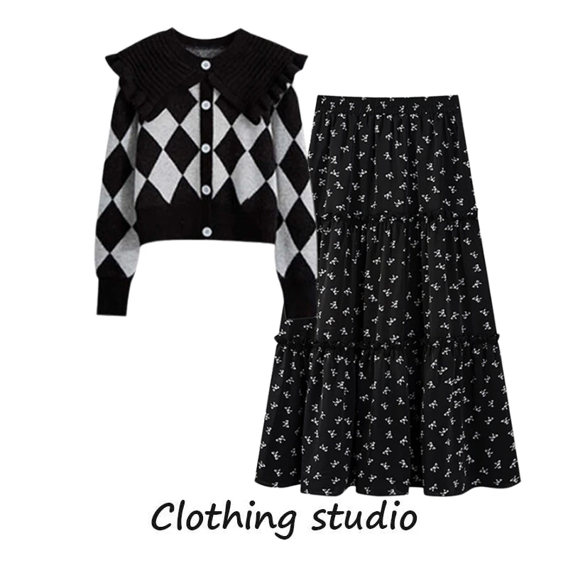 秋季套装女2025新款时尚减龄针织毛衣开衫配显瘦碎花半身裙两件套