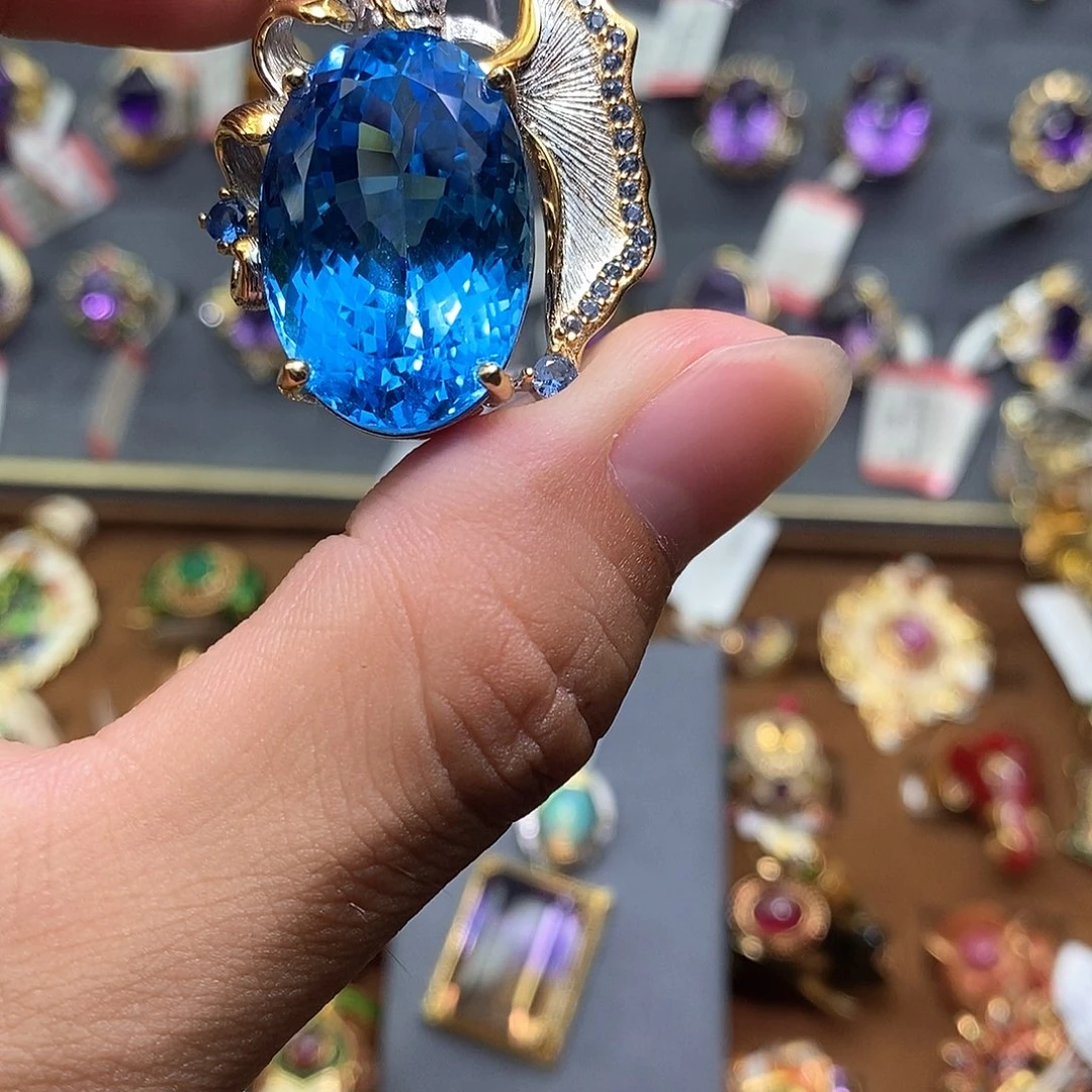 吊坠(不含链)托帕石银S925镀金镶嵌