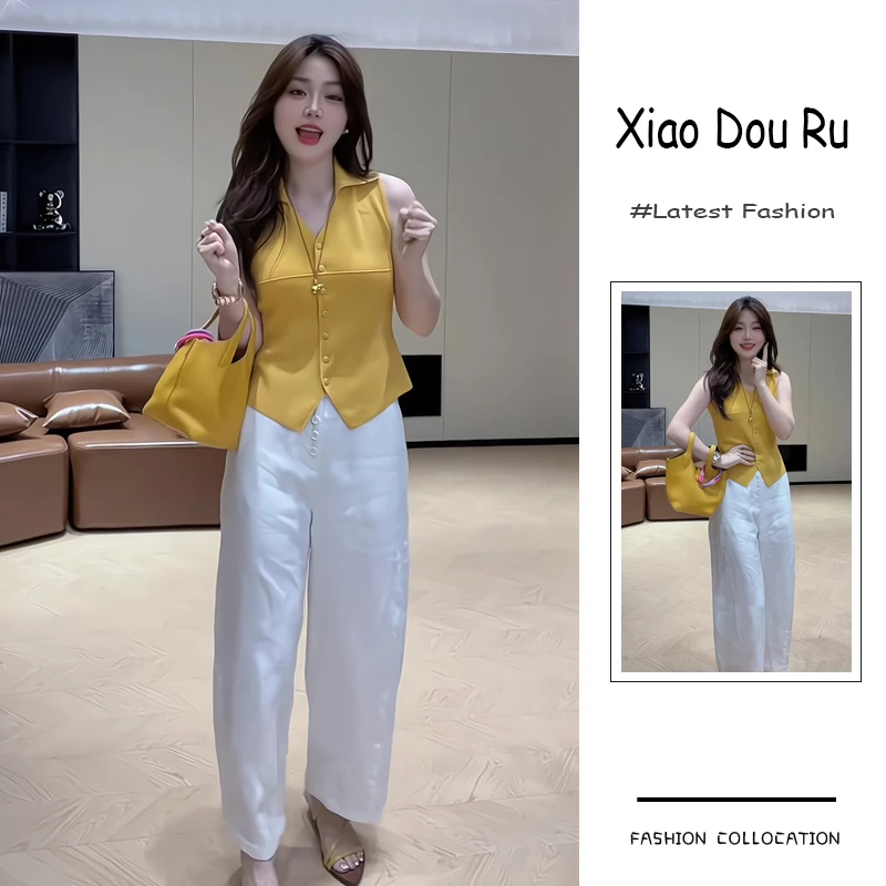 夏季流行穿搭整套新款韩系2025韩系显瘦翻领无袖上衣阔腿裤两件套