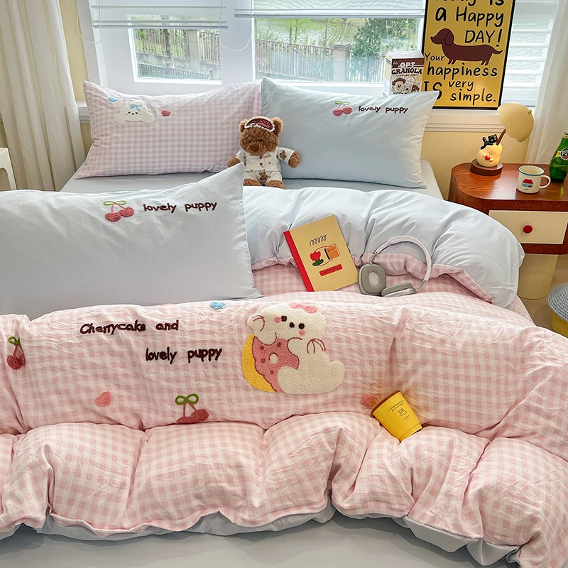 A类卡通樱桃小兔水洗棉毛巾绣床上四件套被套床单床笠款四季通用