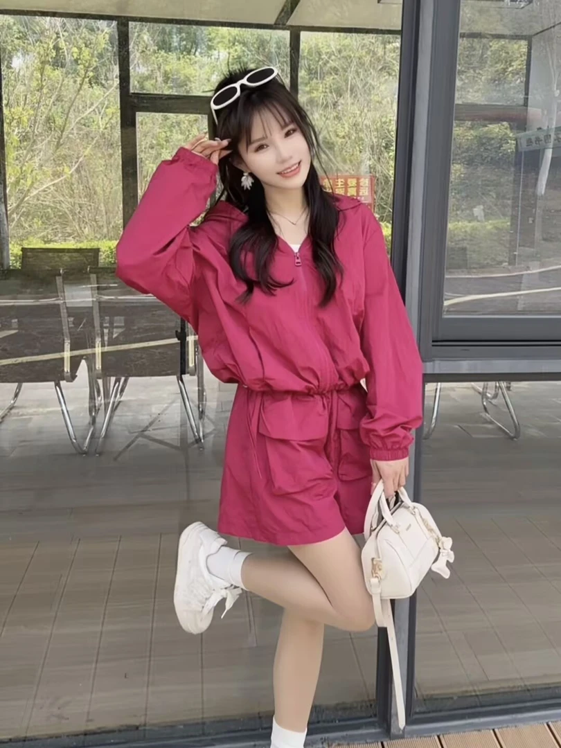 韩版显瘦秋季时尚套装抽绳气质长袖休闲风高腰阔腿连衣裙短裤