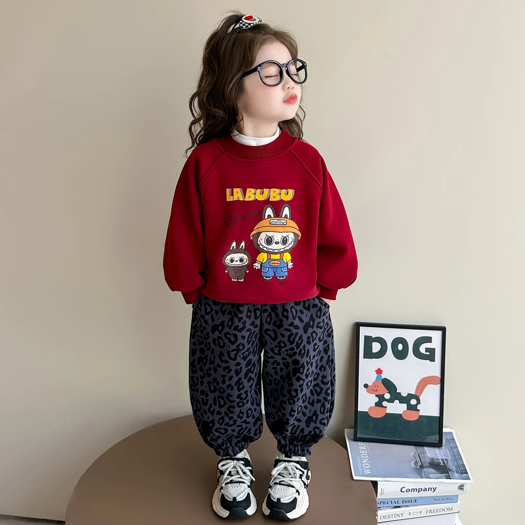 女童加绒套装秋冬2025新款儿童卡通卫衣洋气宝宝加厚豹纹裤两件套