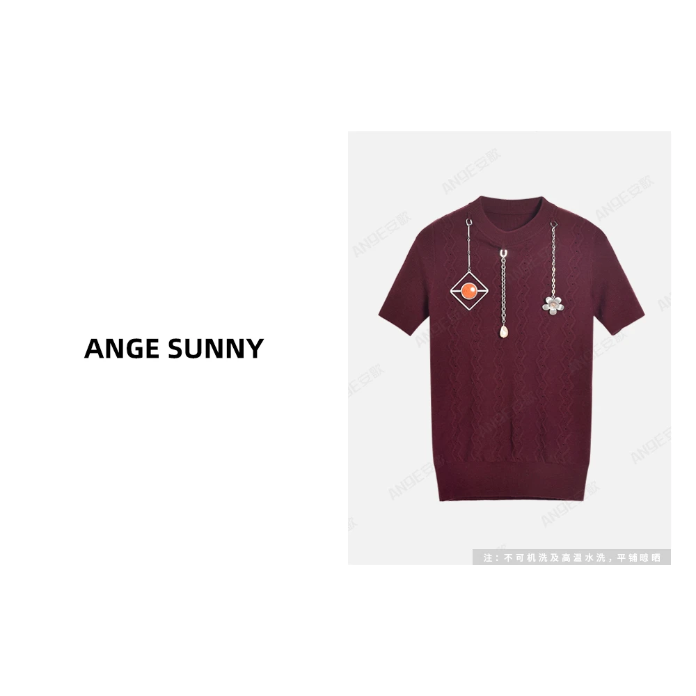 ANGE SUNNY【拉达吊坠羊毛衫】金属链条装饰艺术感短袖上衣