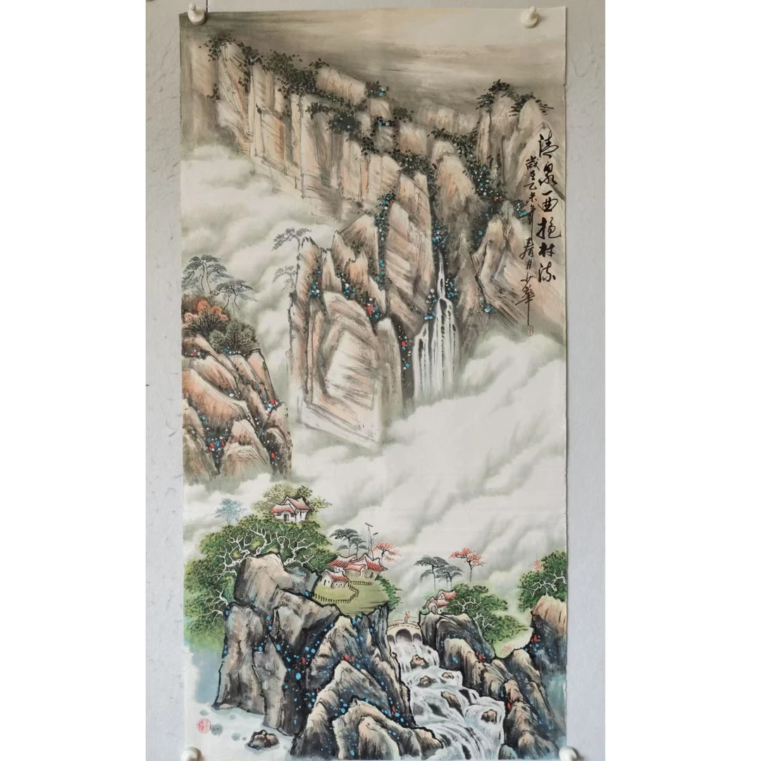 70  多年前纯手绘老字画《清泉一曲》中堂  尺寸 137×68