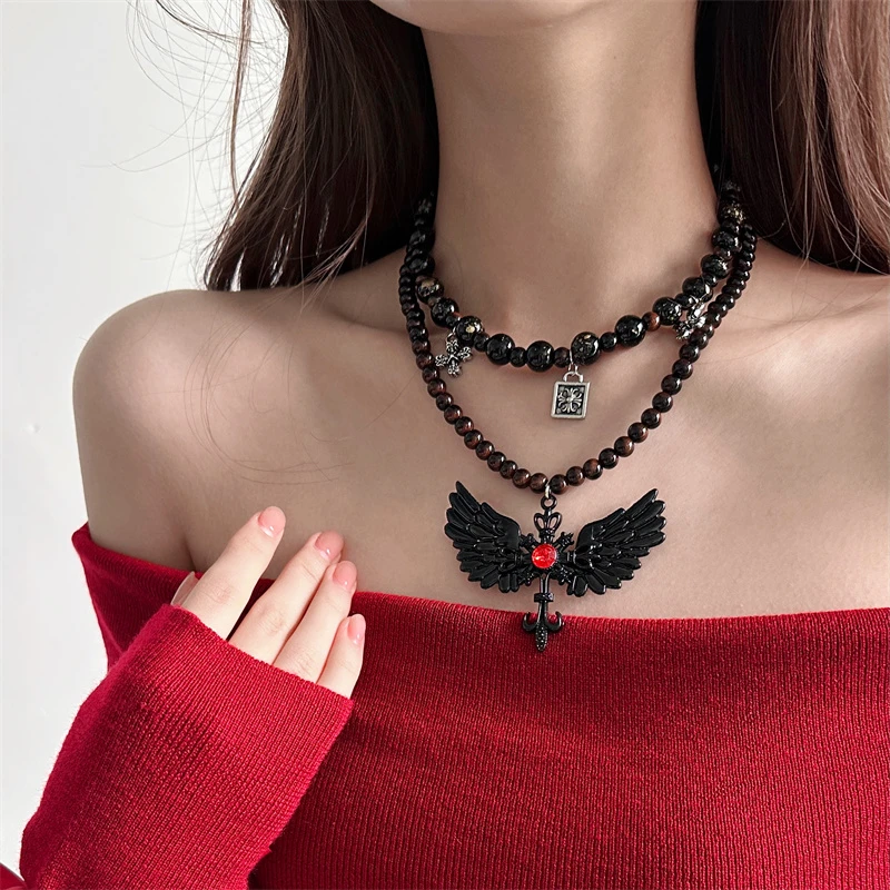 合金亚克力项链 X6121-1甜酷辣妹暗黑风叠戴翅膀项链复古小众个性