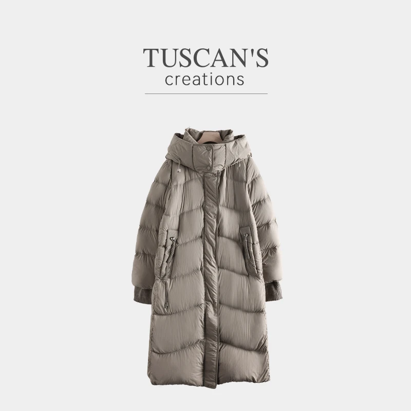 TUSCAN'S CREATIONS保暖宽松防风加厚鸭绒女长款连帽中长款羽绒服