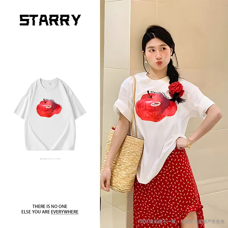 【240g 纯棉】2025夏季港风大落肩T恤男女同款变形苹果印花|