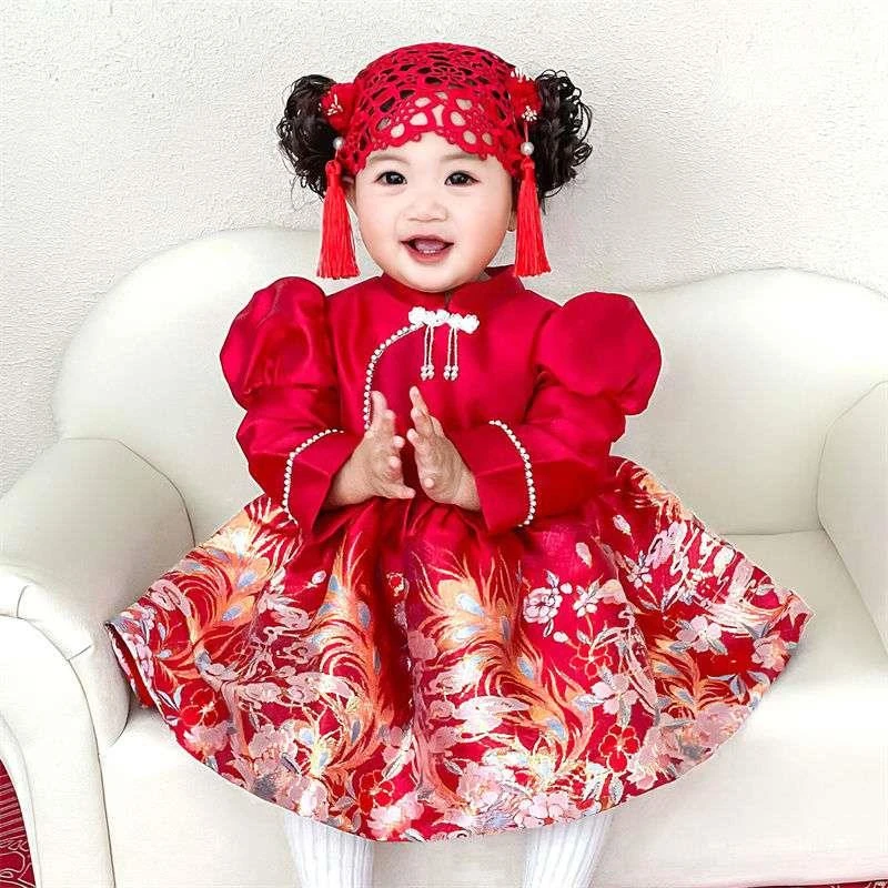 服女宝宝新中式洋气小公主裙旗袍婴儿抓周宴秋冬国风唐装裙优质棉