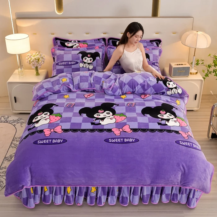 2024新款8.5斤牛奶绒金貂法莱绒[魔法库洛米]床裙款保暖绒四件套