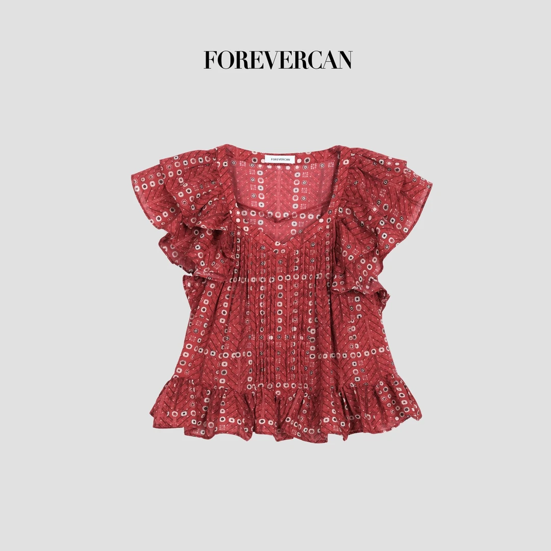 FOREVERCAN“元气甜宠”方形领荷叶边小飞袖压褶衬衫ST23377