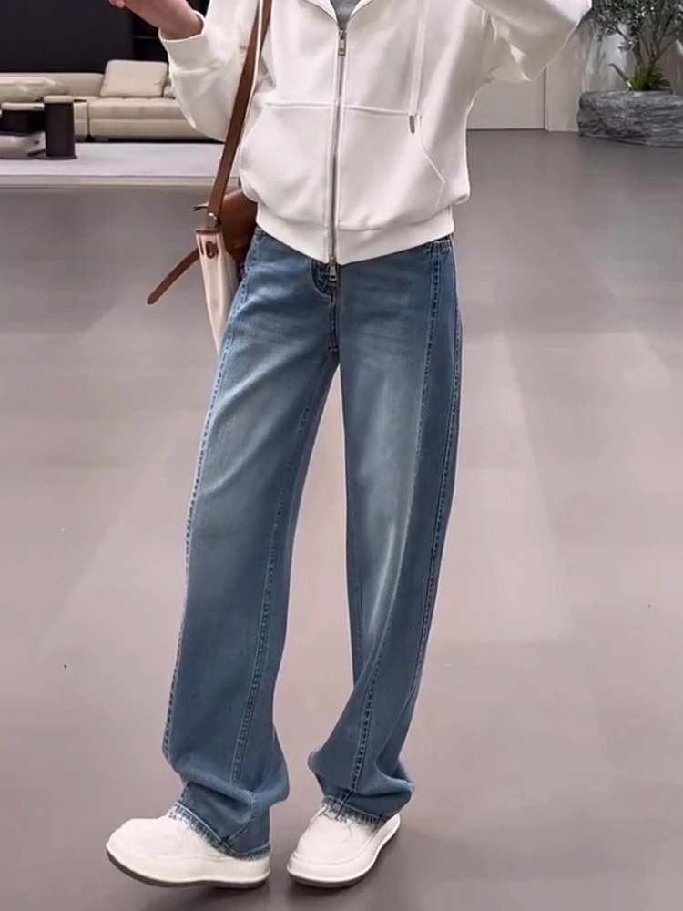大码女装高腰显瘦直筒无弹牛仔裤子女秋季新款复古百搭遮胯阔腿裤