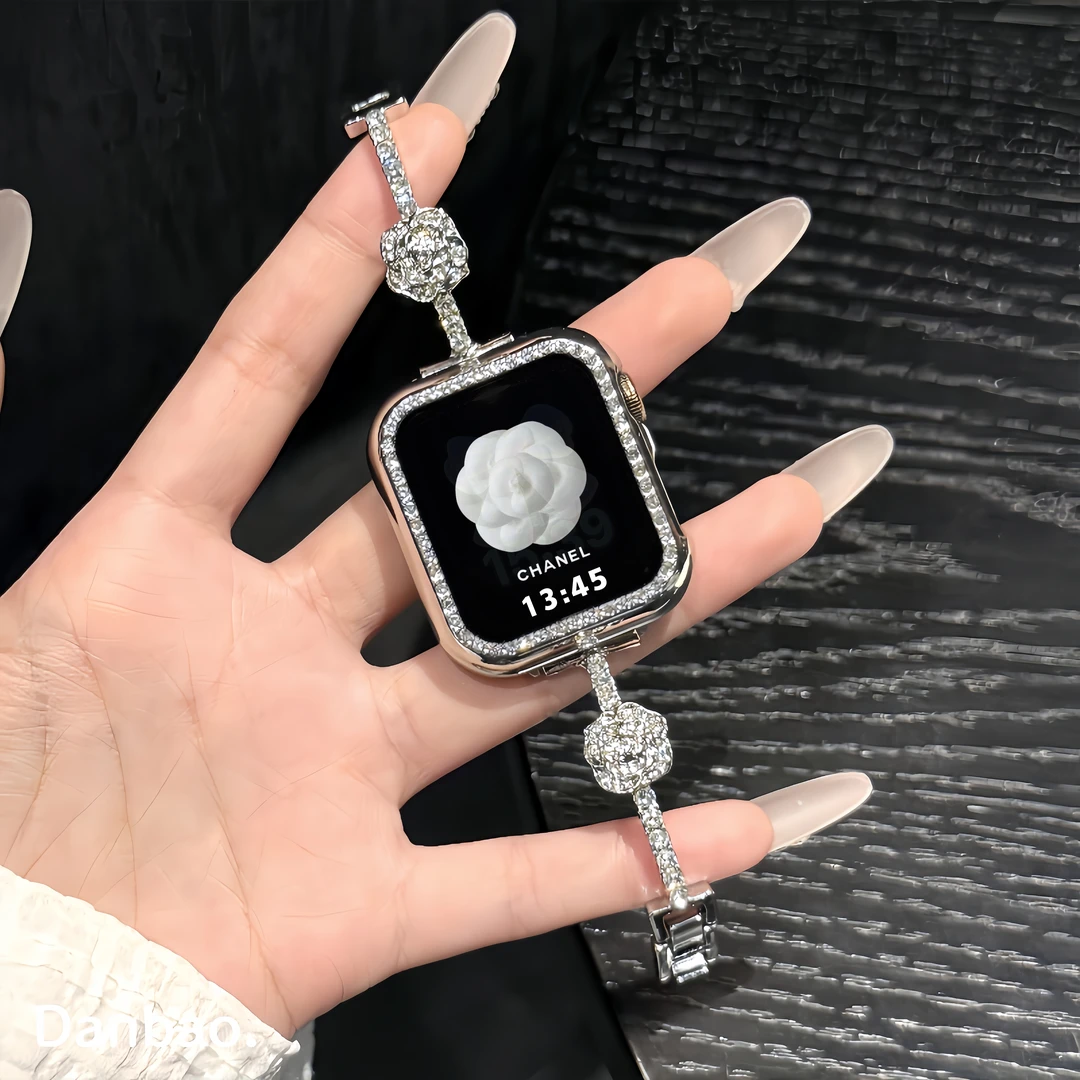 《满钻山茶花》适用iwatchs11新款表带苹果手表s10高级applewatch女