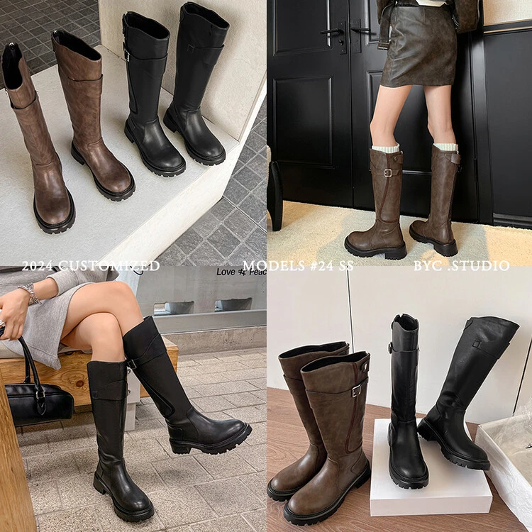 888-117/5CM 时尚方跟拼接纯色骑士靴骑士靴高筒