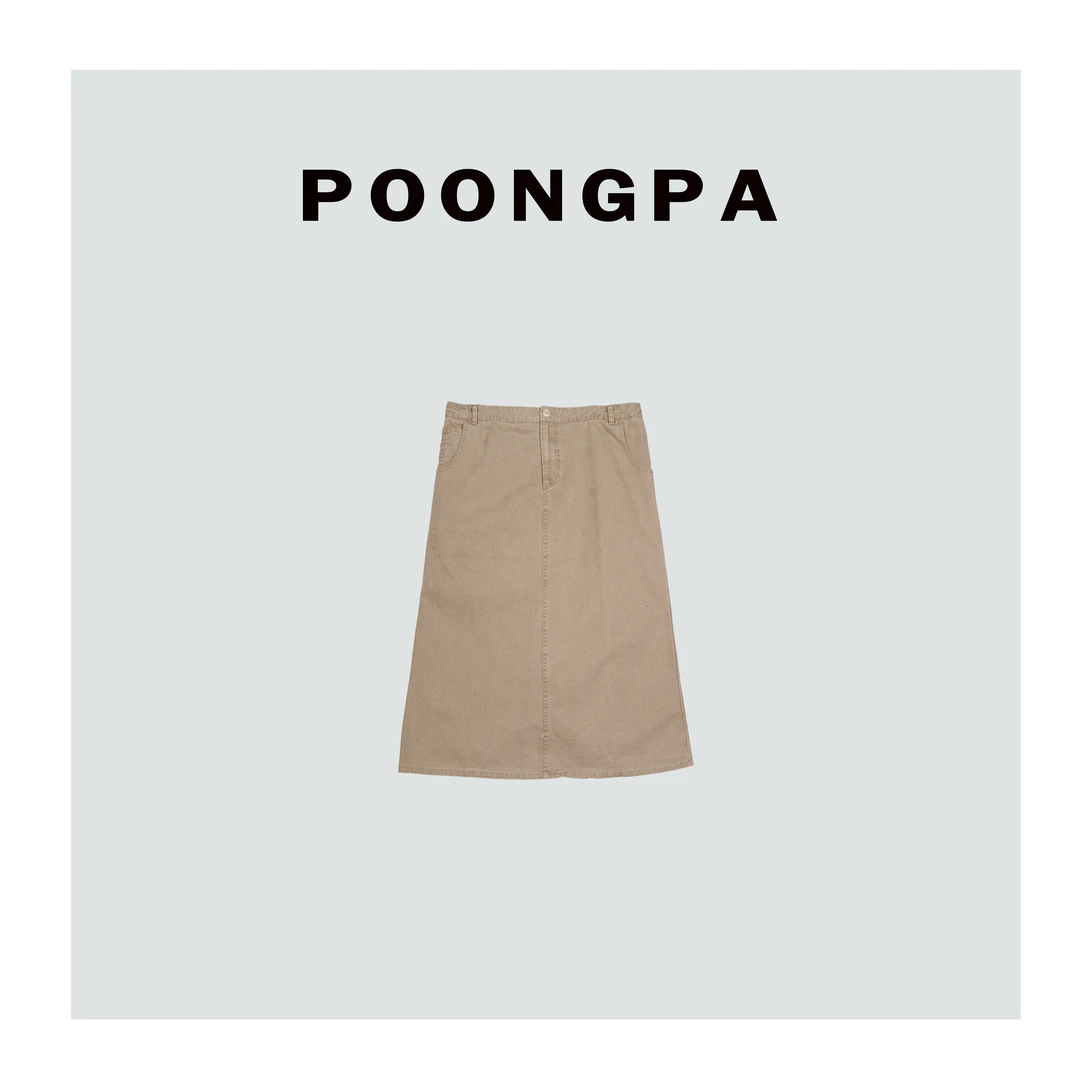 POONGPA/“慵懒夏日”宽松舒适卡其牛仔半身裙 /小众设计中大码显瘦