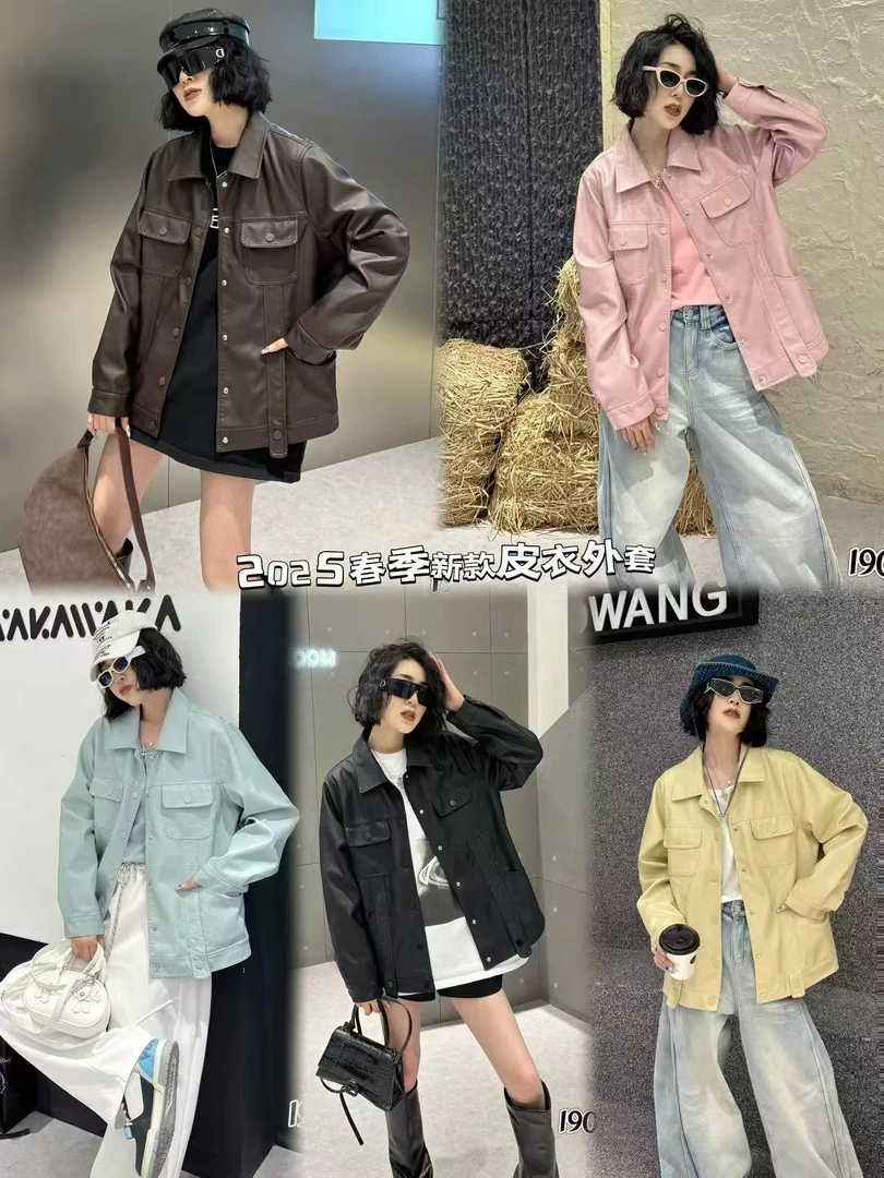 LL琳大码春秋时尚洋气减龄韩版纯色水洗皮翻领工装夹克外套潮1907