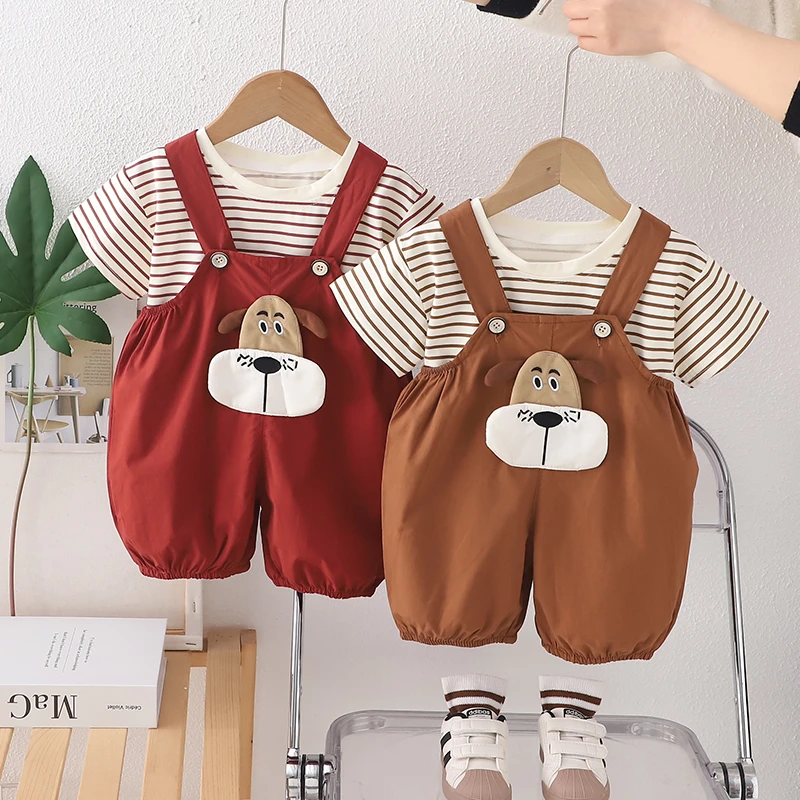 男童夏装套装2025新款洋气婴儿童韩版卡通夏季宝宝条纹短袖背带裤