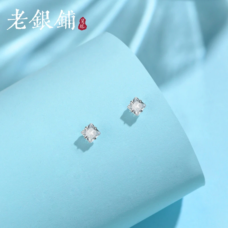 吴越老银铺 足银耳饰 足银999方形耳钉百搭精致时尚银耳钉日常ins