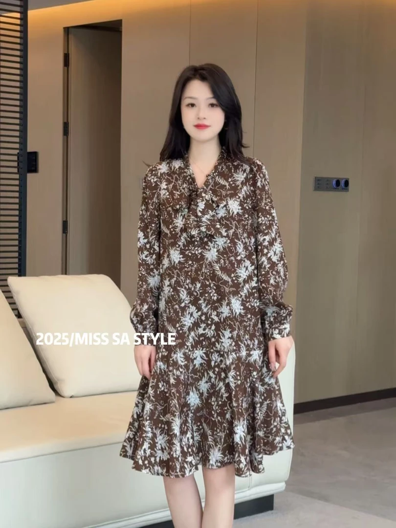 MISS SA气质乔其纱印花秋冬新款百搭显瘦长袖碎花连衣裙25099551