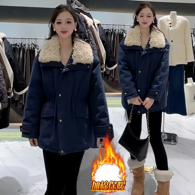 加厚慵懒风休闲翻领棉服女2025年冬季新款洋气百搭保暖中长款外套