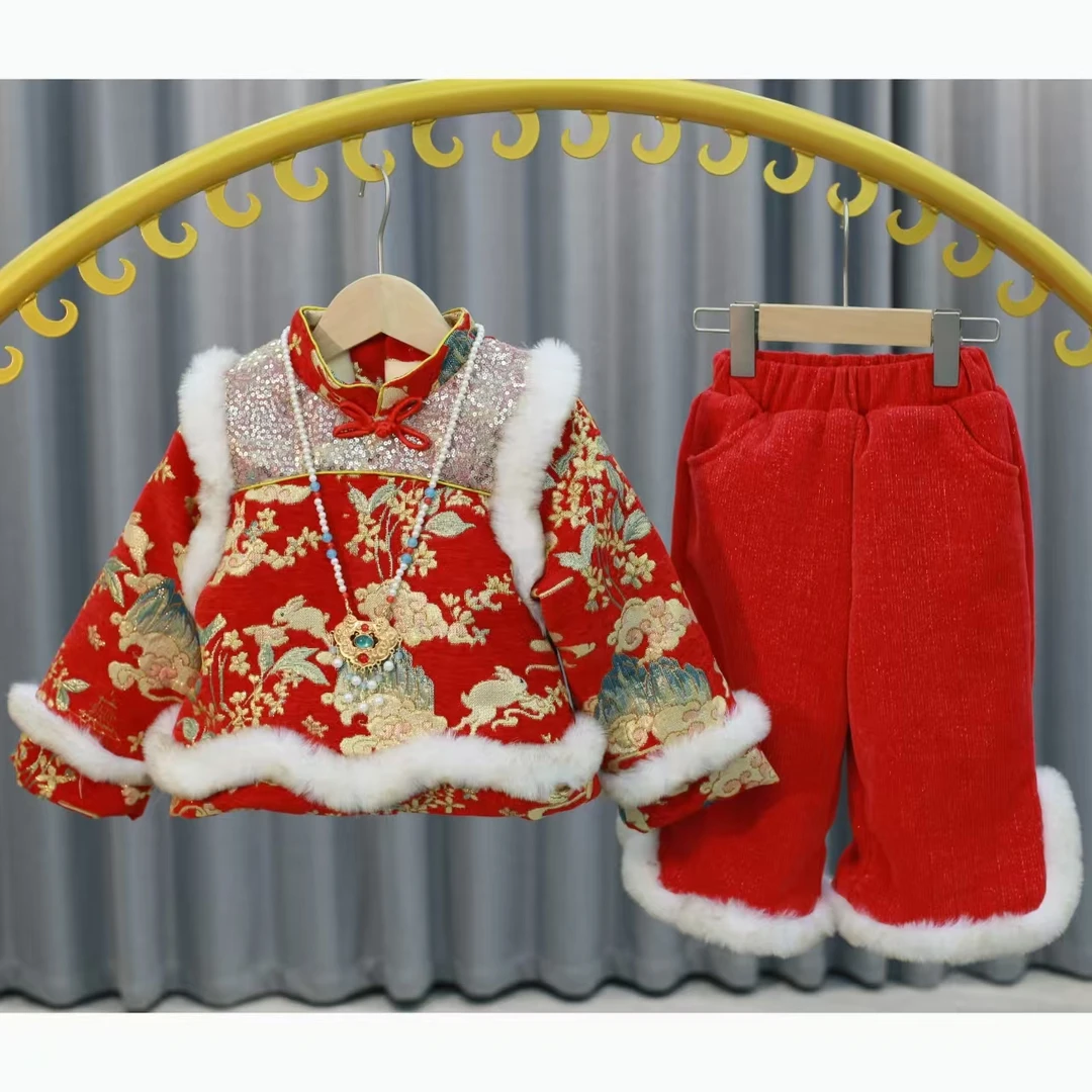 中国风厚款冬季套装冬装秋冬拜年服冬款加厚喜庆女汉服女童