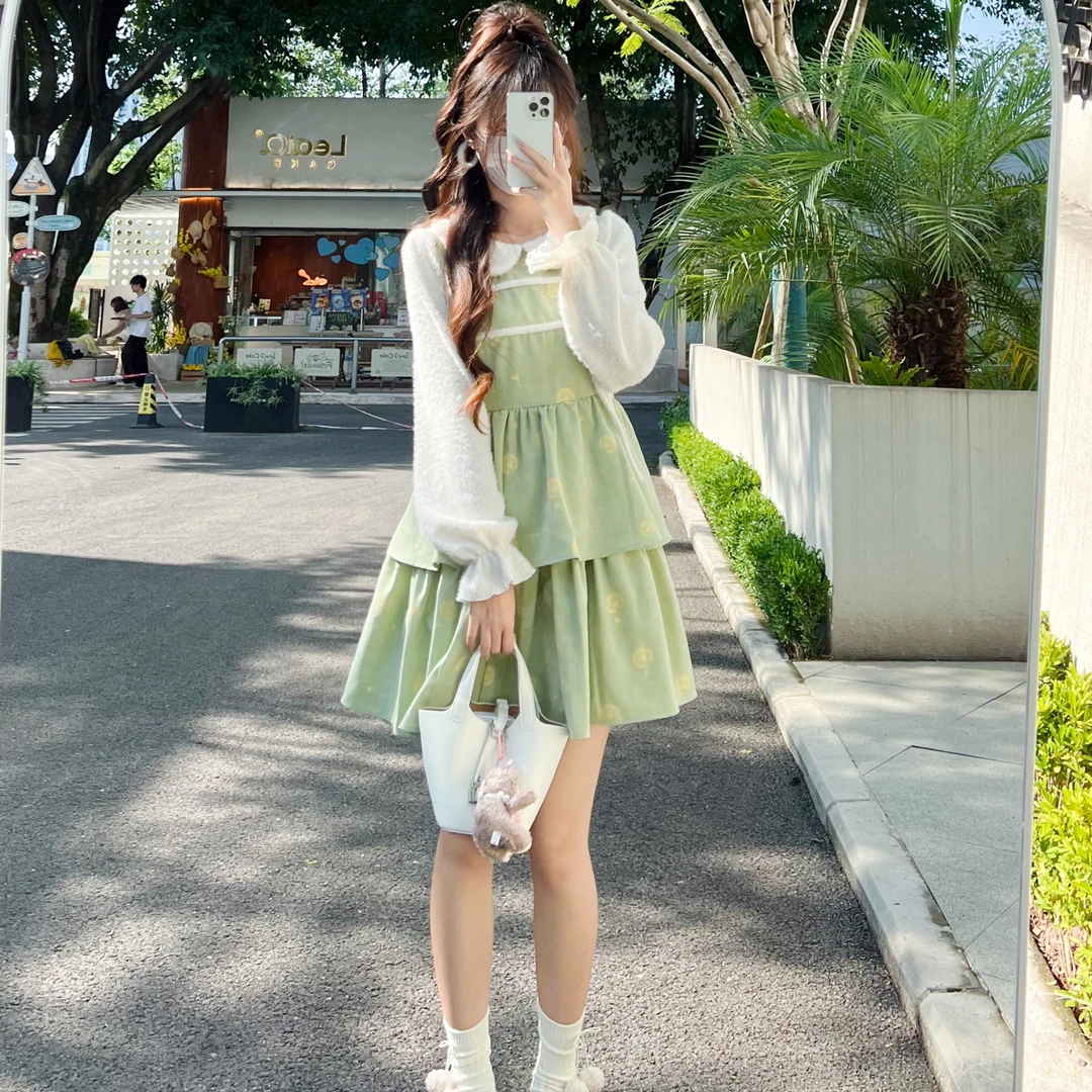 花崎鹿原创法式连衣裙小个子收腰显瘦月光裙摆温柔甜美秋冬裙长袖