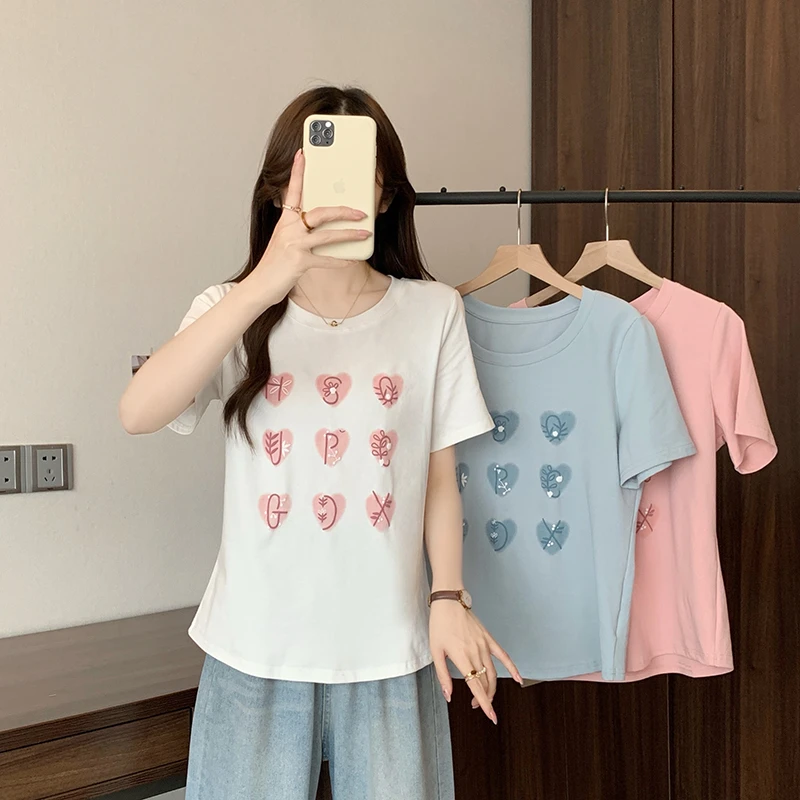 2025夏装新款胖mm大码女减龄百搭重工刺绣爱心短袖T恤33819