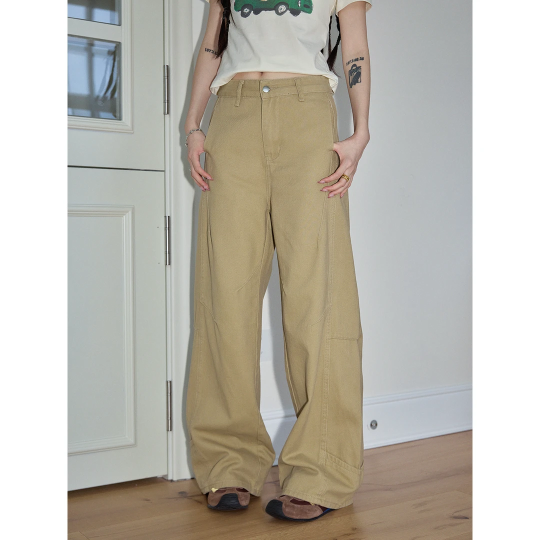 【吵吵小情绪】美式复古卡其直筒阔腿休闲裤裤子宽松高腰阔腿裤7609