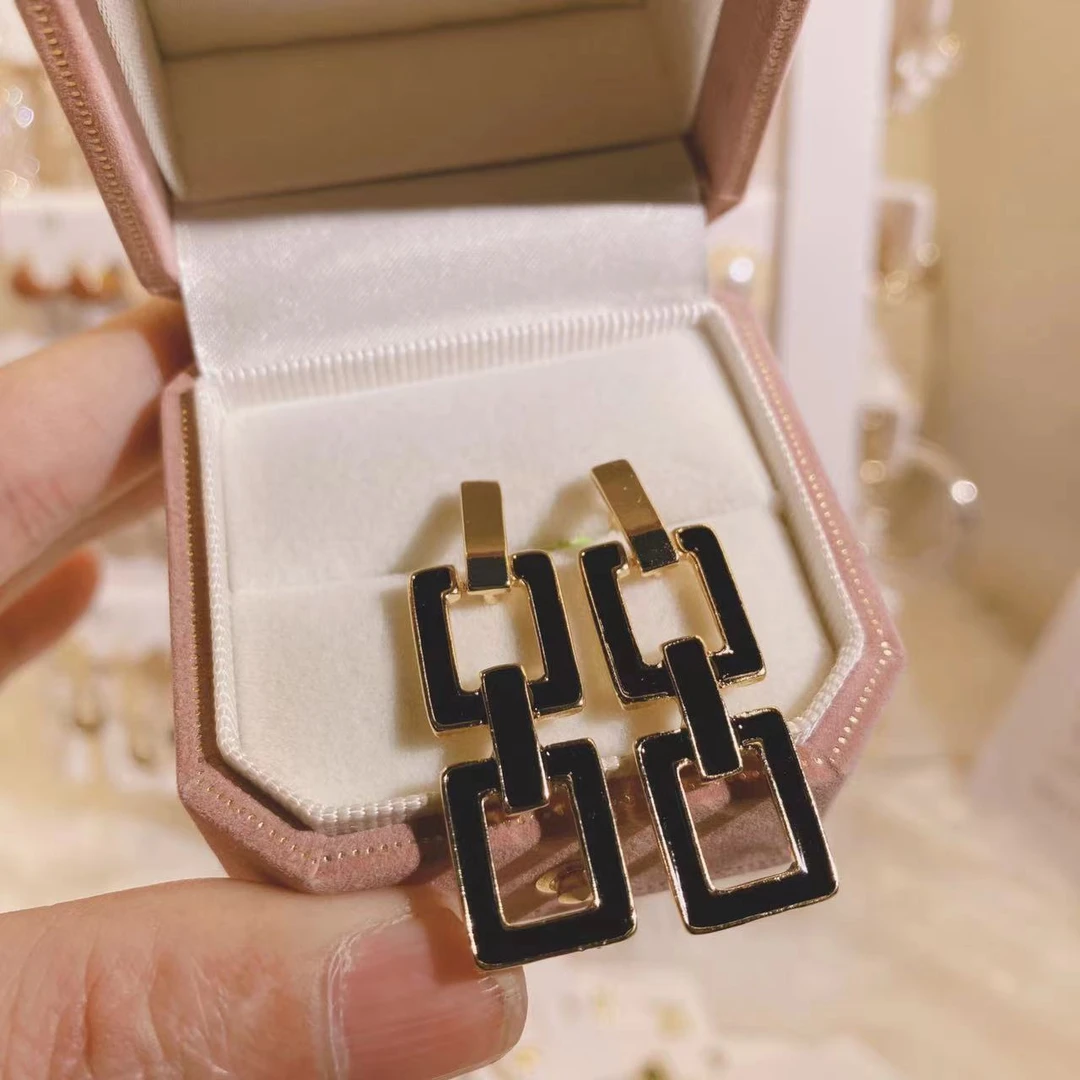 铜合金耳饰 高级黑色镂空方形耳环 LY0466